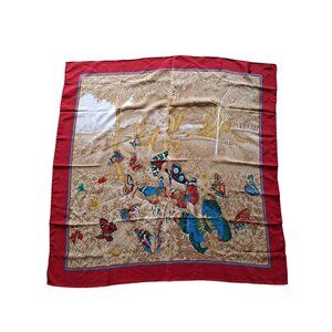 Vintage Italy Silk Butterfly Print Scarf With Red Border 34" X 34" Square